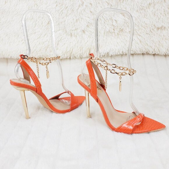 Nicely Lock Chain Strap High Heels Metal Toe Tip Orange Super Cute - Picture 6 of 13